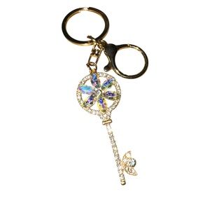Iridescent and Gold Floral Keychain in Gold Tone